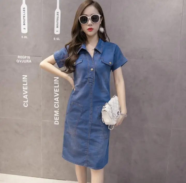 2020 летнее джинсовое платье женское винтажное с короткими рукавами и карманами