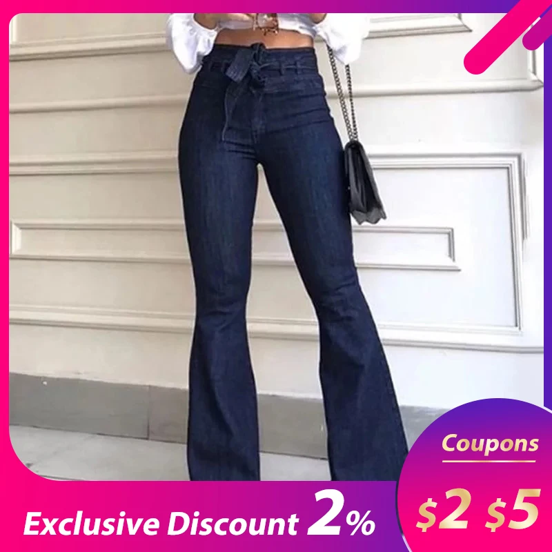 Летние осенние джинсовые расклешенные брюки с высокой талией синие женские