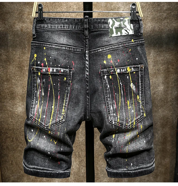 

Men Summer Blue Shorts Jeans Holes Denim Shorts Paint Casual Streetwear Jeasn Shorts High Quality Men Slim Fit Stretch Jeans 38