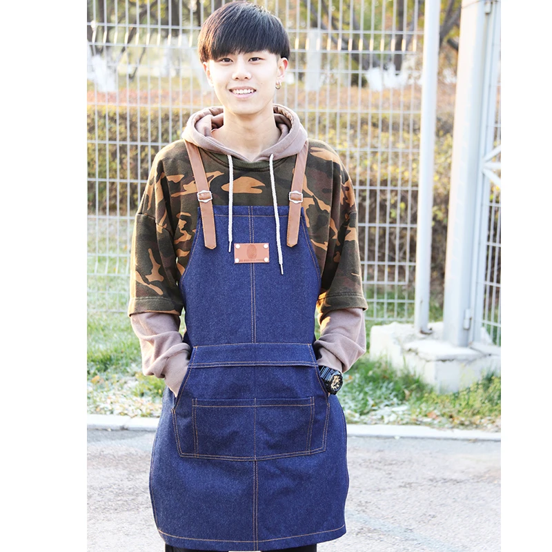 

Korean fashion denim apron coffee shop division cute cotton Japanese adult men and women overalls canvas custom