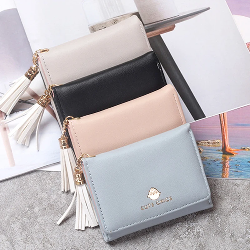 

Mini Wallet Female 2021 New Lady Short Solid Tassel Women Wallets Money Bag Hasp PU Leather Small Coin Purse Card Hold Girl Gift