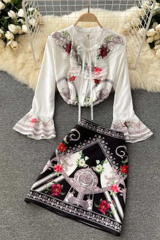

Ladies temperament suit new sweet trumpet sleeve shirt female niche print skirt two-piece