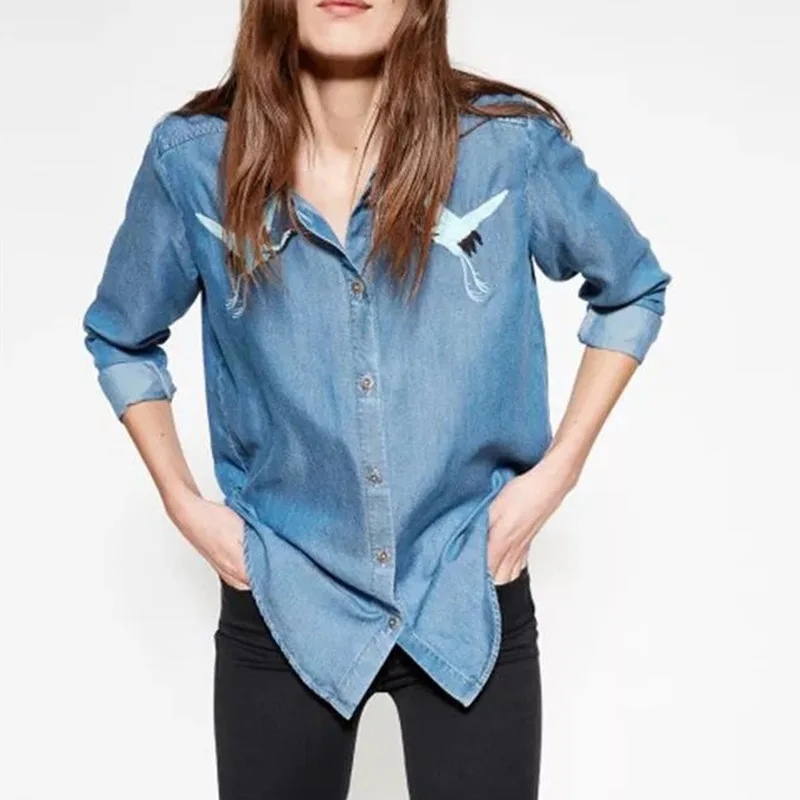 Женские джинсовые рубашки осень хит продаж вышивка в виде животных модные джинсы