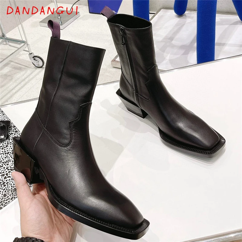 

Casual Platform Real Leather Women's Ankle Boots Luxury Designer Square Heel Female Chunky Shoes Autumn Winter New Ladies Shoes