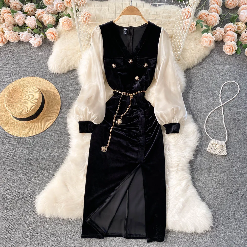 

Chic 2021 Fashion Fall Bodycon Party Dress Female's Vintage V Neck Lantern Sleeve Mesh Patchwork Chain Midi Velvet Dress S77074