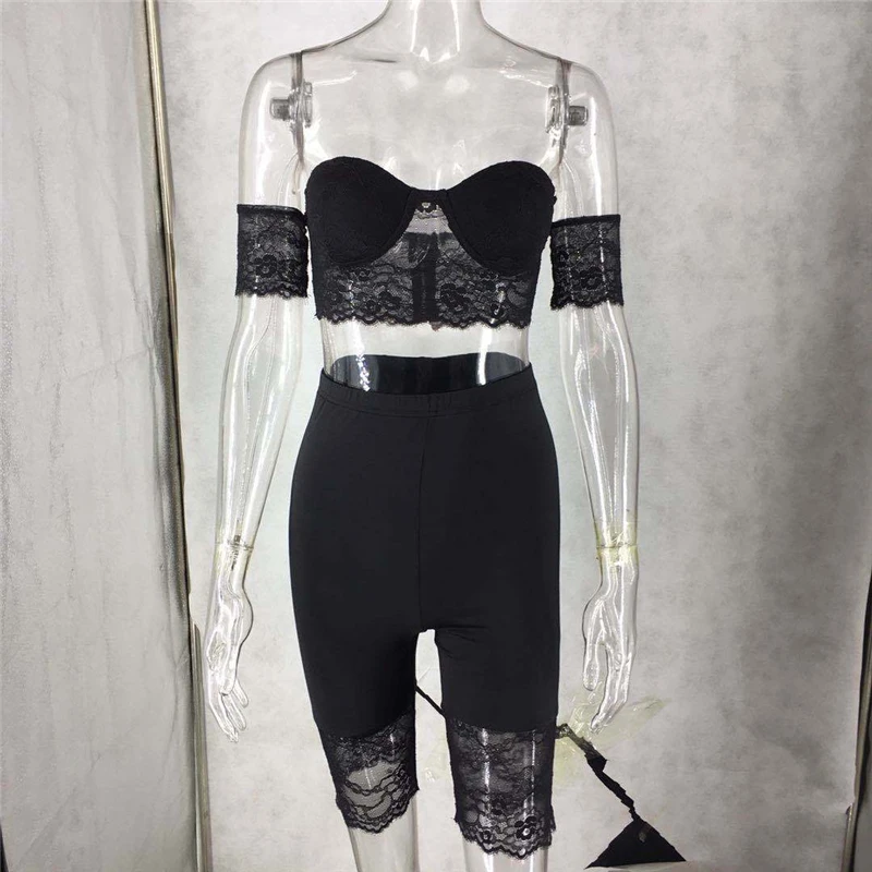 

Adogirl Women Sexy Black Lace Two Piece Set Off Shoulder Short Sleeve Strapless Crop Top Shorts Summer Casual Outfits