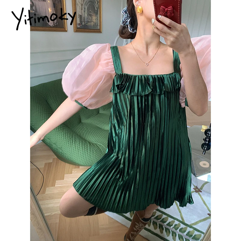 

Yitimoky Pleated Dresses for Women Mesh Patchwork Vintage New Fashion Ruffles Puff Sleeve Square Collar Mini Dress Summer 2021