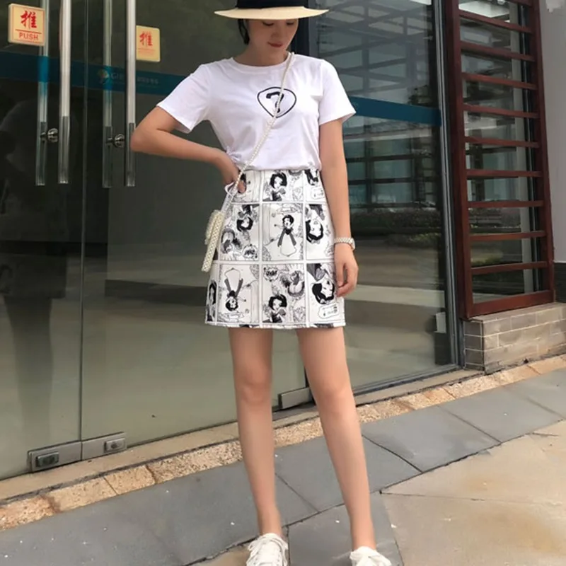 Корейский Новый стиль юбки Ретро комический принт высокая тонкая короткая юбка