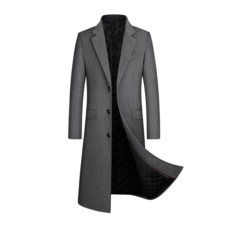 

Wool content 30%,Autumn and winter new wool coat, men's windbreaker, slimmed-down knee-length wool coat, thickened coat,