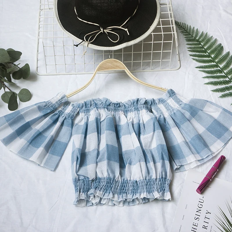 

Women Off Shoulder Top Half Sleeve Pullover Blouse Plaid Chiffon Blouse