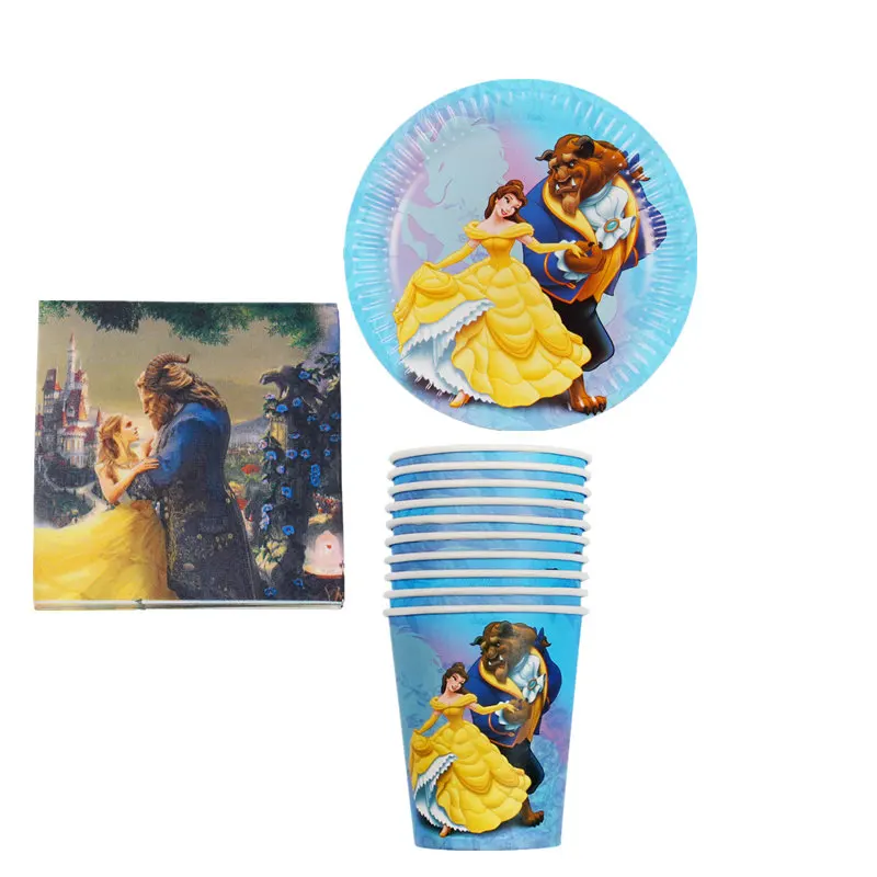 Beauty and Beast 40 шт./партия, мультяшный единорог, бумажная тарелка+ бумажные чашки+ бумажные салфетки для 10 человек, мультяшный единорог, детский день рождения - Цвет: Beauty and Beast