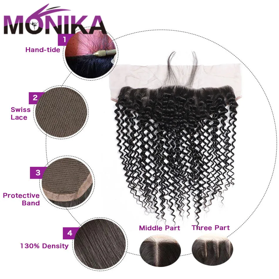 Monika бразильский кудрявый фронтальный Закрытие 13x4 Кружева Фронтальная Закрытие человеческих волос Фронтальная кружевная застежка с детскими волосами не-Реми