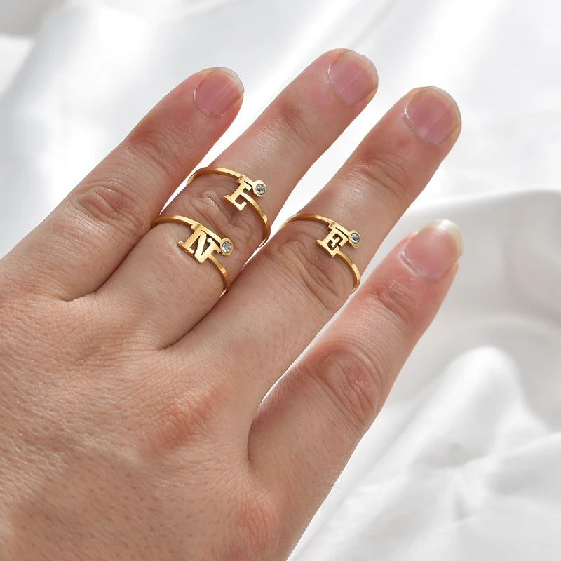Silver Color Men's Letter Open Rings For Women Custom Initial Ring With Rhinestone Female Statement Engagement Party Jewelry | Украшения