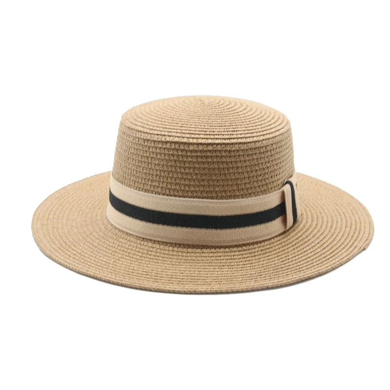 

summer hats women men straw flat top solid belt band striped sun hats wide brim camel khaki black casual outdoor beach straw hat