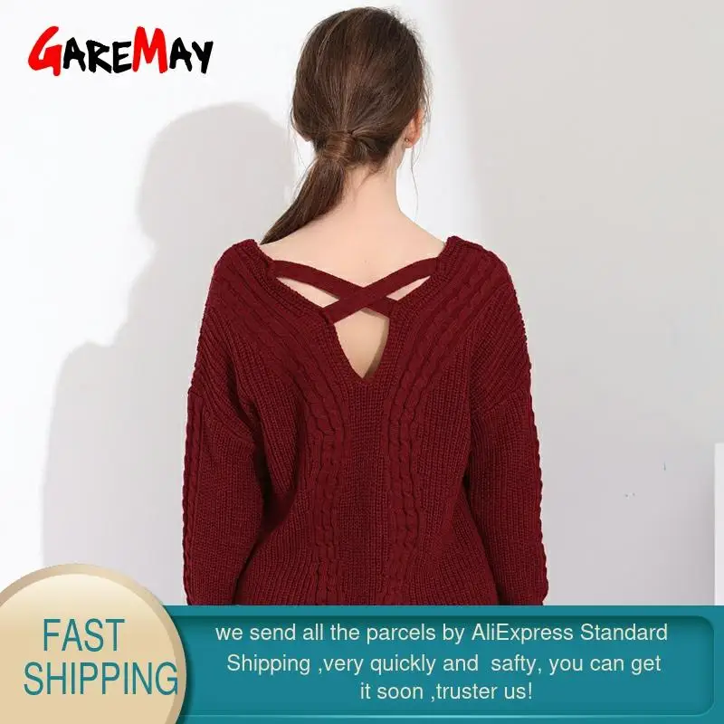 Autumn Sweaters For Women Off Shoulder Sweater Backless Winter Warm Womens V Neck Pink Ladies Pullover Long Sleeves | Женская одежда