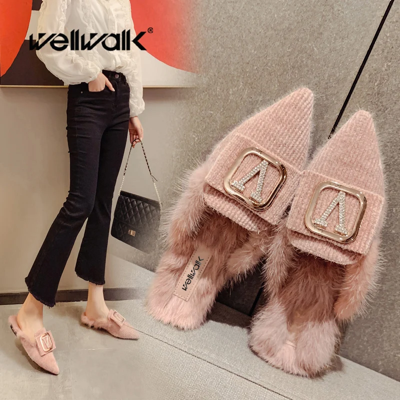 Туфли без задника с пряжкой Женские меховые лоферы на плоской подошве острым