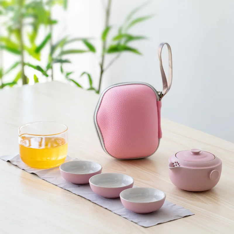 

Cute Designer Ceramic Teapot Gaiwan With 3 Teacups Pink Green Chinese Travel Tea Sets Portable Teaware Drinkware Gift For Friend