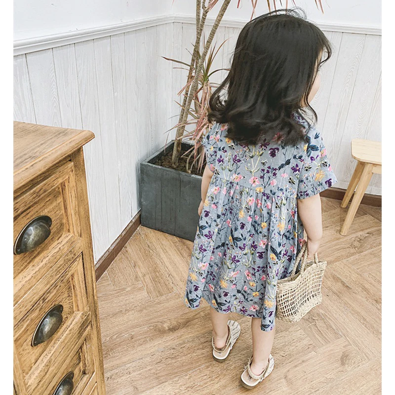 

BINIDUCKLING 2020 New Summer Baby Girls Dresses Flower Printed Korean Style Short Sleeves Dress For Toddler Girls Dress 1-5 Year