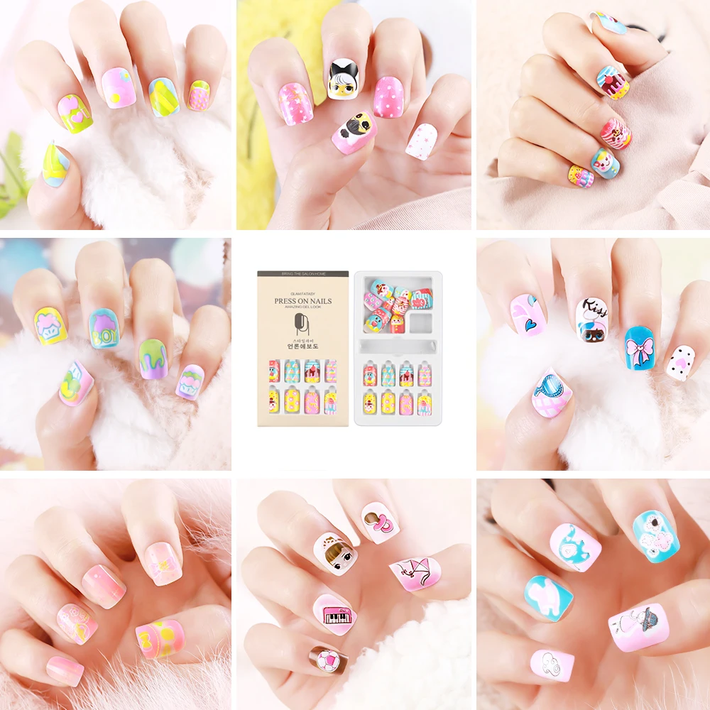 Новинка 2020 года 24 шт. Детские накладные ногти с изображением конфет полное