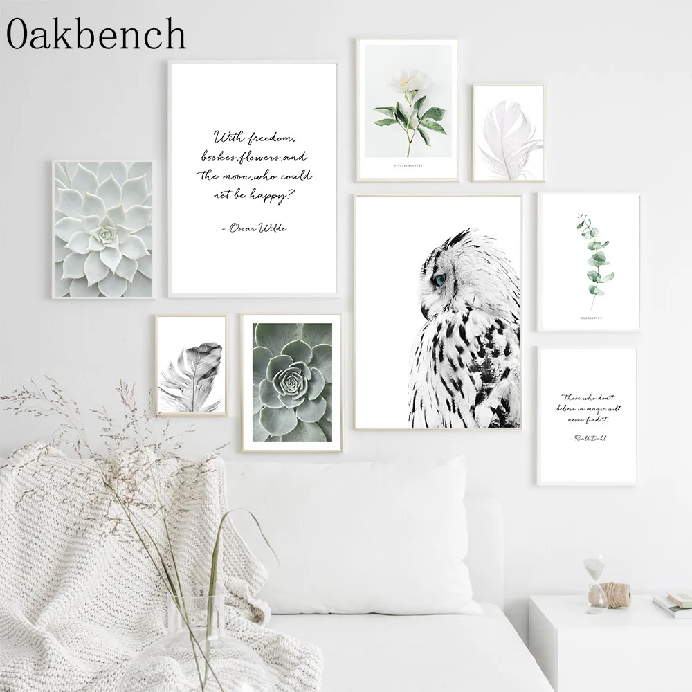 

Owl Realisti Animal Posters Plant Leaves Canvas Wall Art Painting Quotes Feather Print Modern Wall Pictures For Bedroom Decor