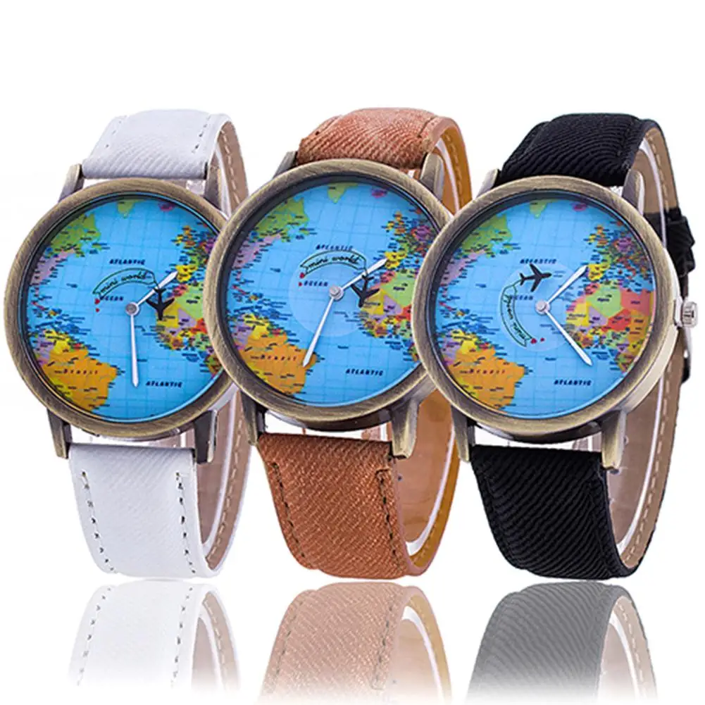 

Hot Sale Mini World Fashion Quartz Watch Men Unisex Map Airplane Travel-Around The World Women Leather Dress Wrist Watches