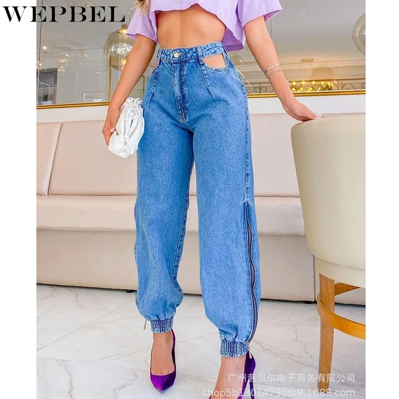 

WEPBEL Fashion Button Jeans Women's Casual Solid Color Loose Zip Jeans Autumn High Waist Hollow Out Denim Bloomers