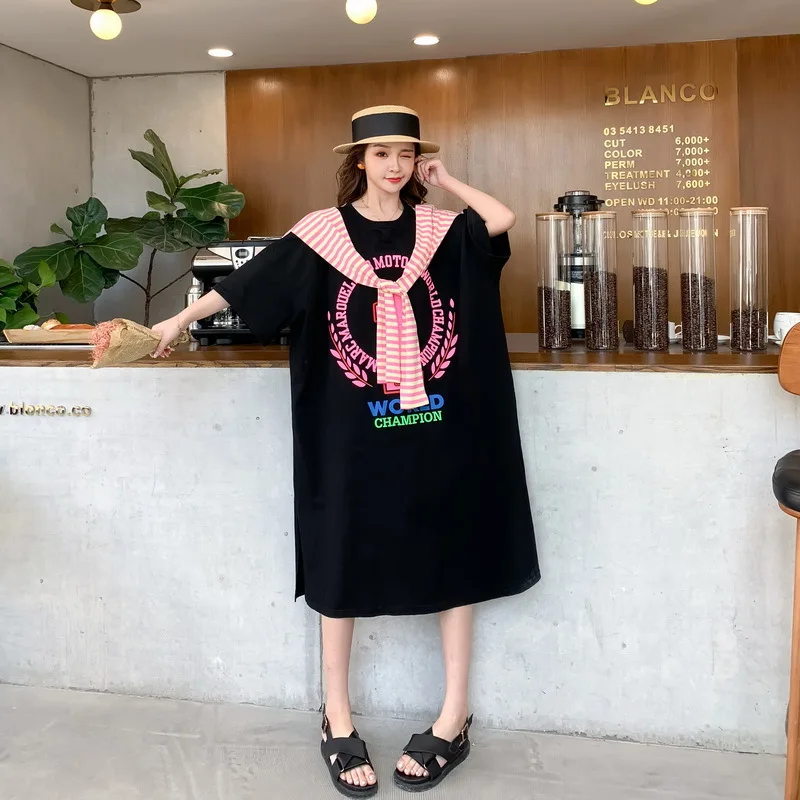 Женское платье-футболка в полоску свободное приталенное Хлопковое платье