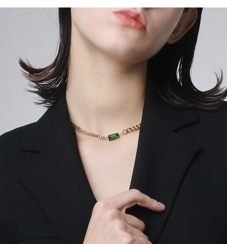 

YAOLOGE 316L Stainless Steel 2021 New Emerald Green Gem Necklaces Gold Color Chain Choker For Women Gift Fashion Party Jewelry