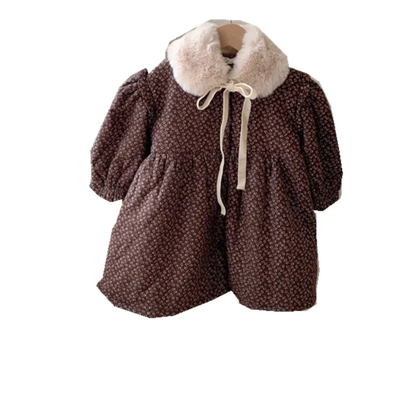 

Girl's Frosted Cotton Floral Coat Kids Single Breasted Winter Coat with Rabbit Collar Dress Coat Kids Thicken Warm Coat Child