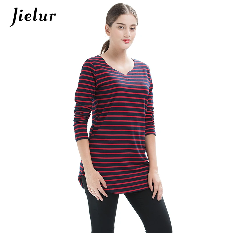 Jielur 2021 Spring Plus Size Black Red Long-sleeved Women's T-shirts Striped V-neck Simple Girl T-shirt Fashion Loose Tops S-4XL | Женская