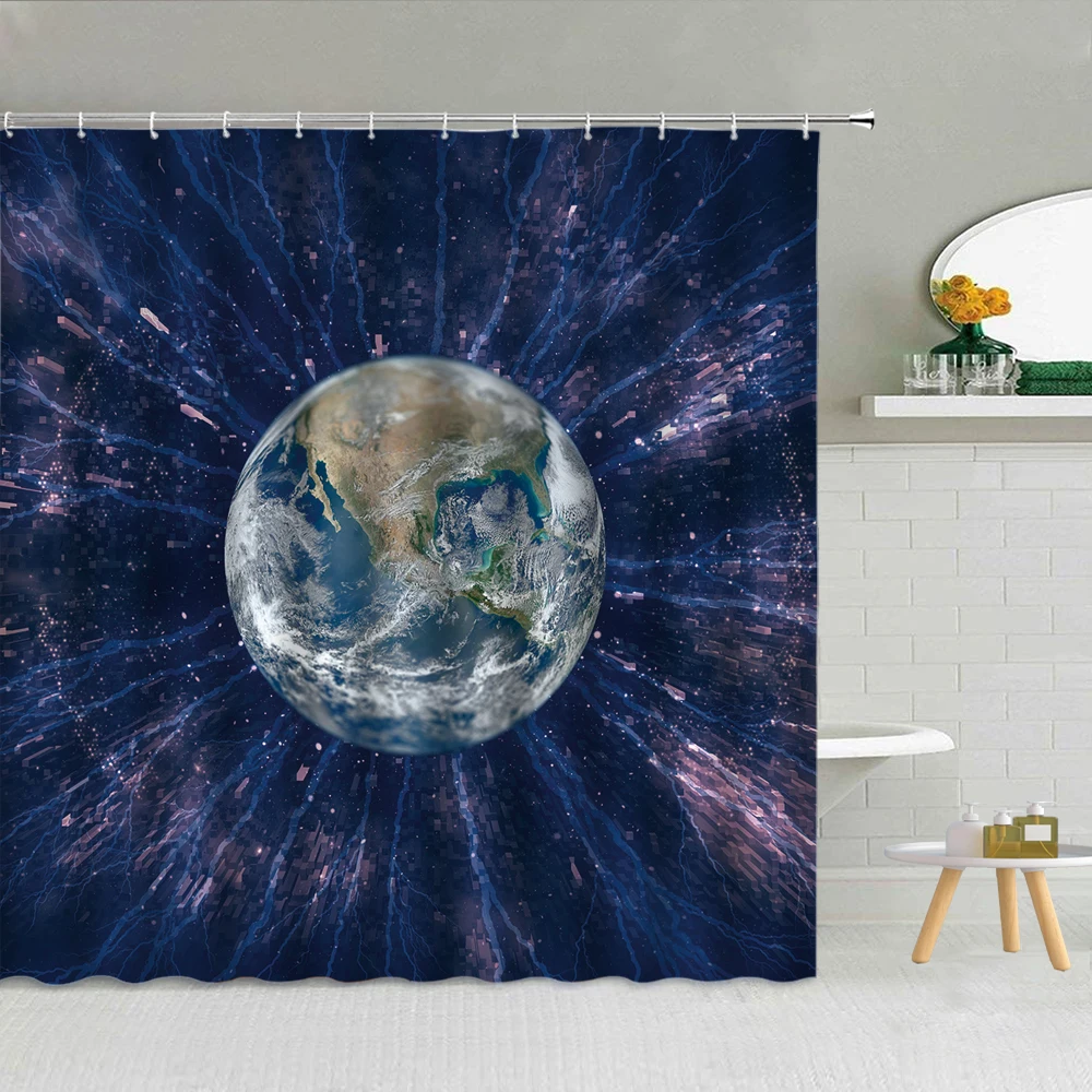 

Earth Starry Sky Scenery Shower Curtain Space Planet Stars Night Fantasy Dream Bathroom Decor Waterproof Cloth Hooks Curtains