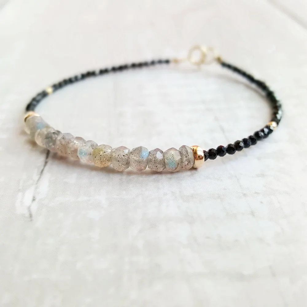 

LiiJi Labradorite Black Spinel Bracelet Natural Stone 925 Sterling Silver Gold Color Sparkling Delicate Jewelry