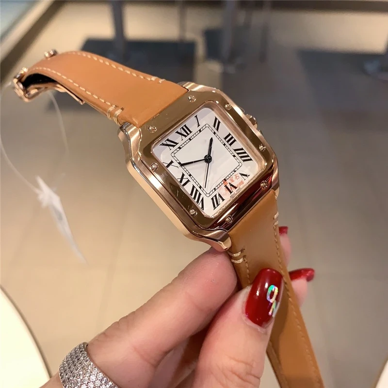 

brand C best quality watches genuine leather stripe rose gold square case clock with logo for memorial day gift for woman