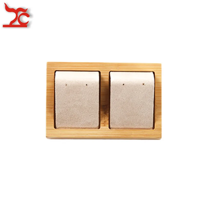 Beige 2 Slot Высокое качество Экологичные бамбуковые бархатные ювелирные изделия Дисплей стенд серьги уха Стад ювелирных изделий Организатор хранения стойки держатель лоток - Color: Beige 2 Slot