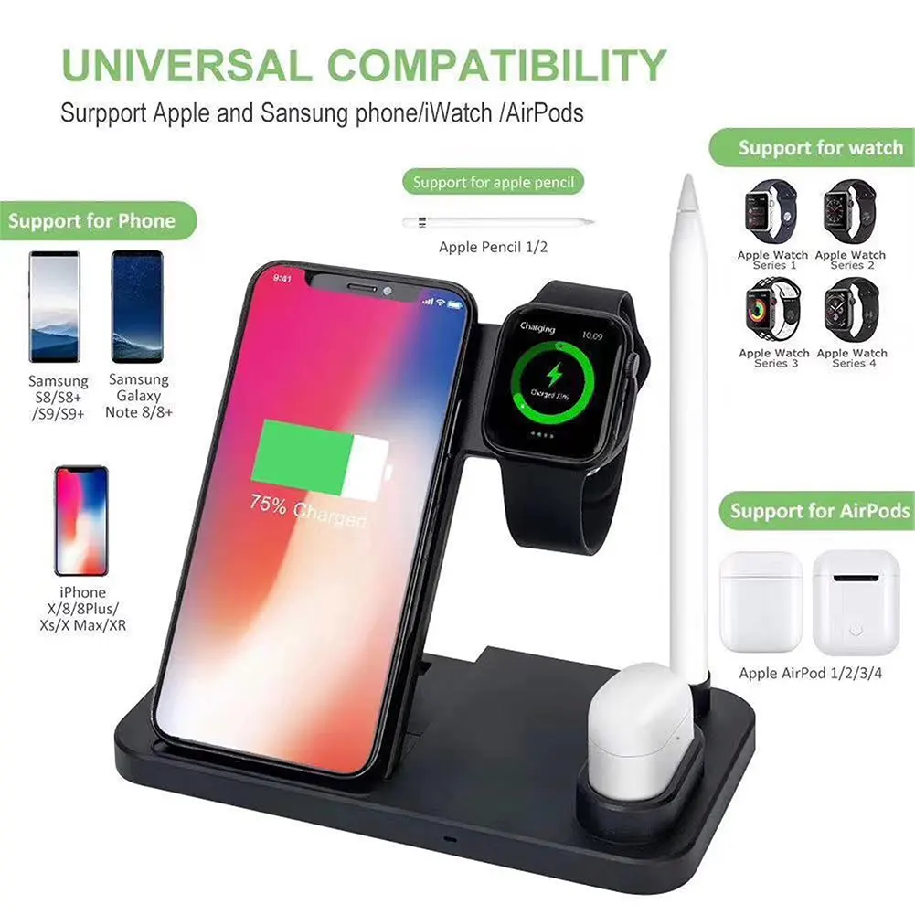 

4 in 1 Qi Fast Wireless Charging Dock Stand Station for Apple Watch Airpods iPhone Pen Headset Phone