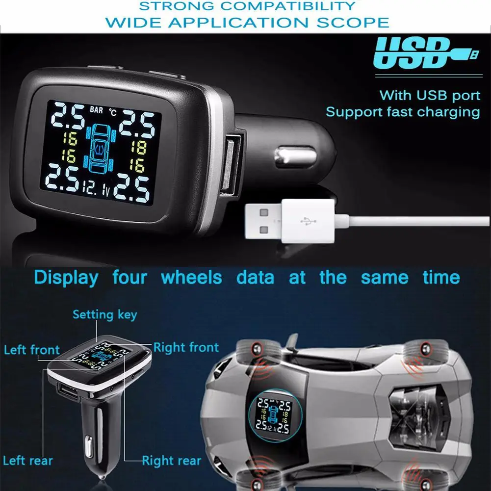 TPMS Have USB Socket In Monitor LCD Auto Tyre Car Tire Pressure Monitoring System Gauge With 4 Sensors | Автомобили и мотоциклы