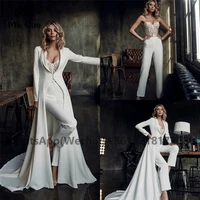 2020 new bohemian jumpsuit wedding dresses lace with long jacket appliqued sweetheart bridal pants suit beach vestidos de novia