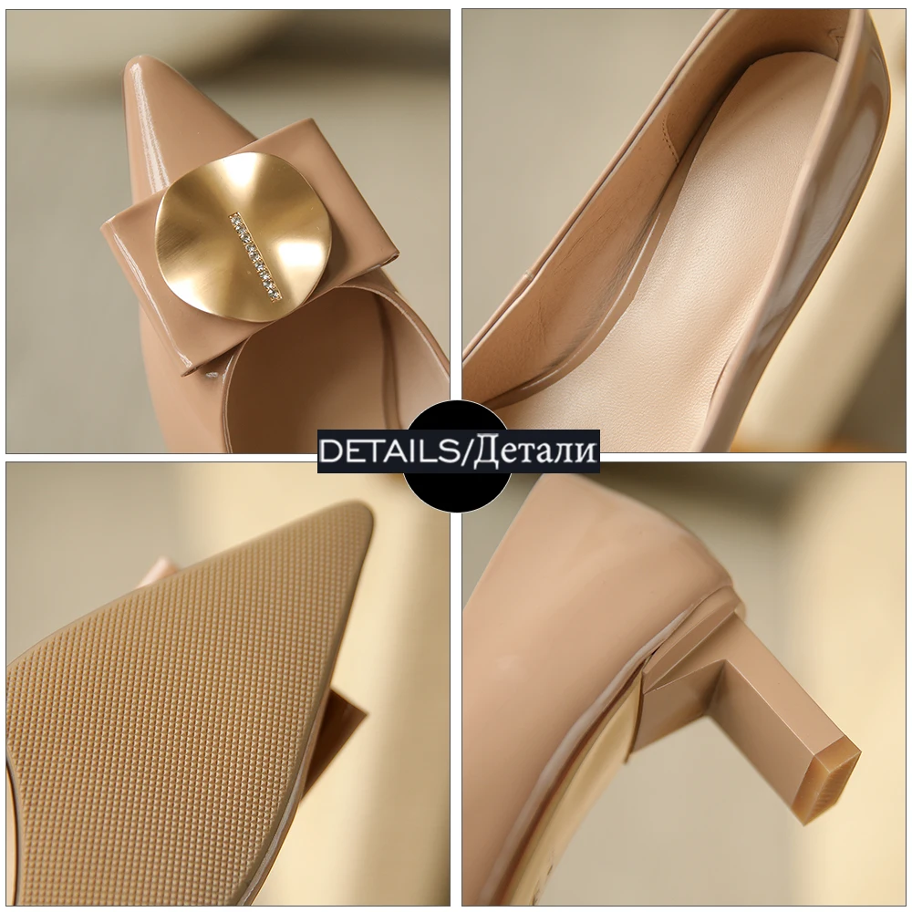 

ISNOM Women Pumps Genuine Leather Shoes Woman Strange Heels Metal Decor Pumps Wedding Dress Shoes Pointed Toe Shoes 2021 New