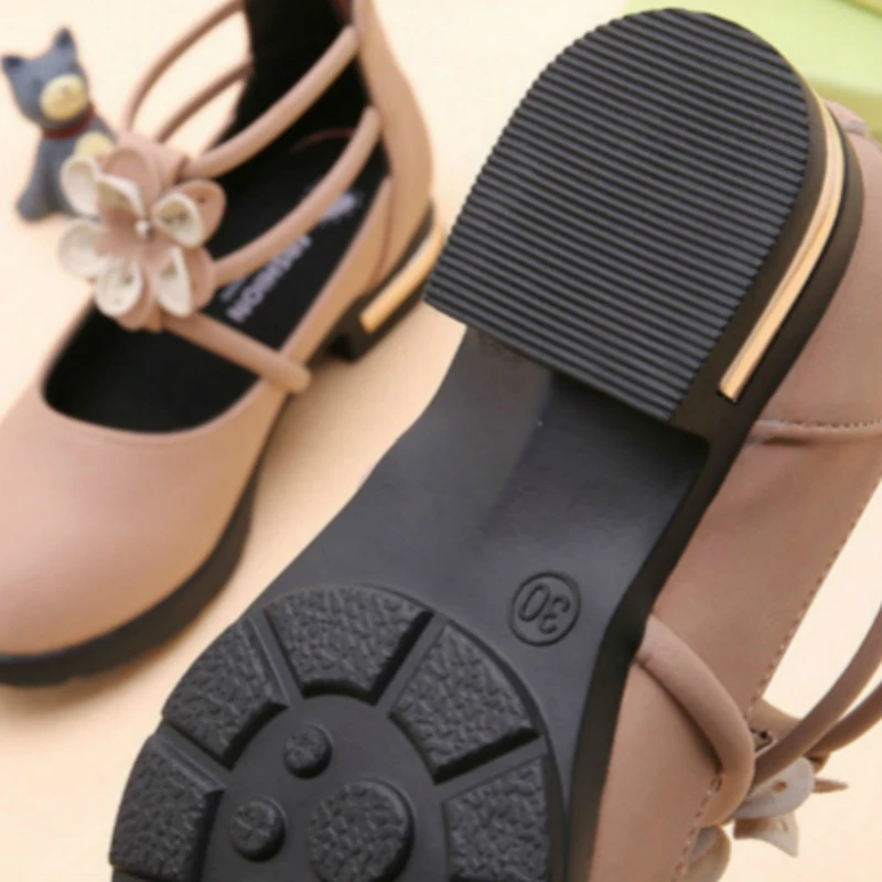 Туфли детские с цветами для девочек обувь танцев и шоу принцесс бежевые розовые