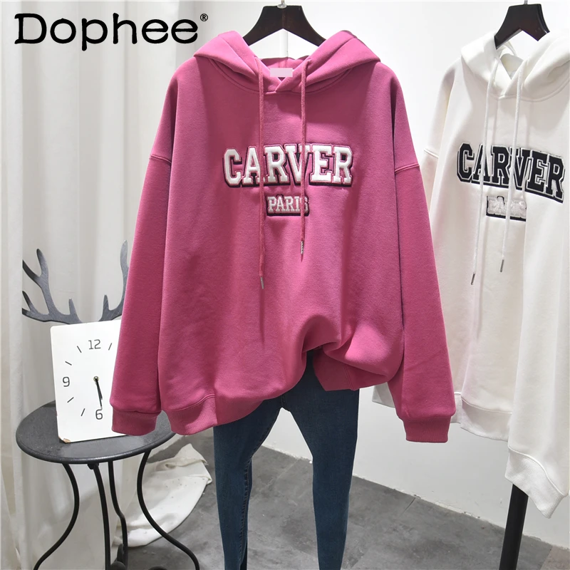 

Hooded Sweatshirt Women Winter Fleece Padded Cotton Warm Embroidered Patch Letter Anti-Aging Top Coat