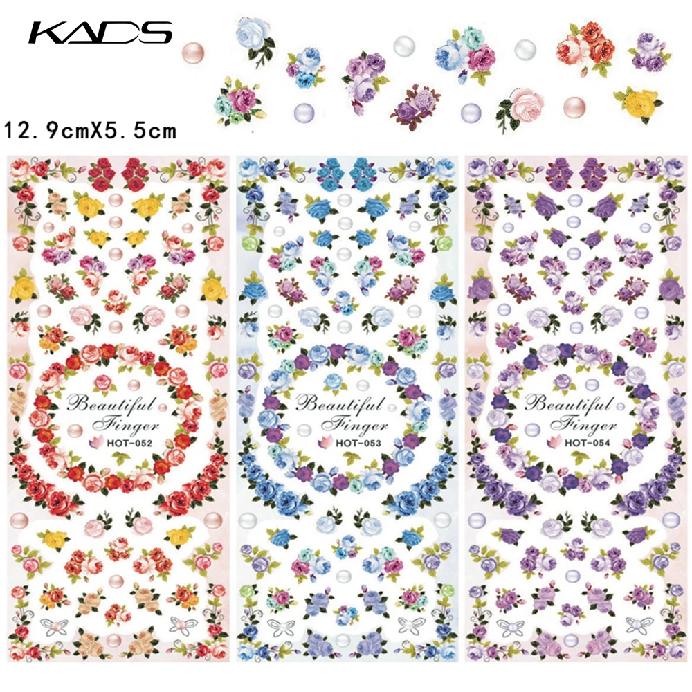 KADS 3 Листов/комплект HOT052 054 Воды пропуск Ногтей Наклейки Цветочный дизайн ногтей