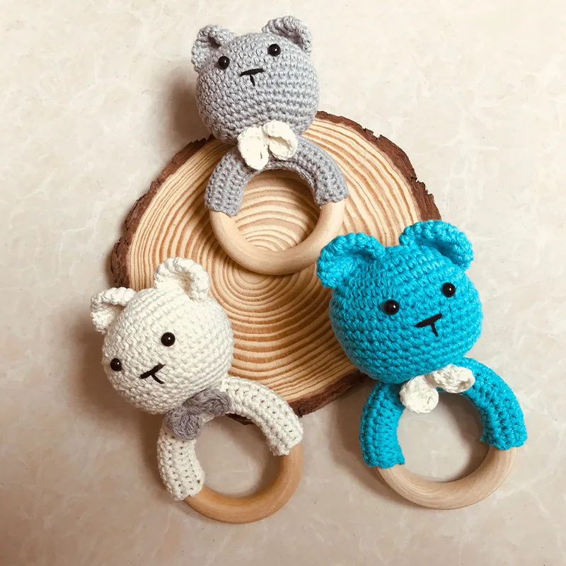 

Children'S Handmade Animal Teether Baby Molars Sleep Doll Color Crochet Bear Kids Wooden Teething Ring Newborn Birthday Diy Gift