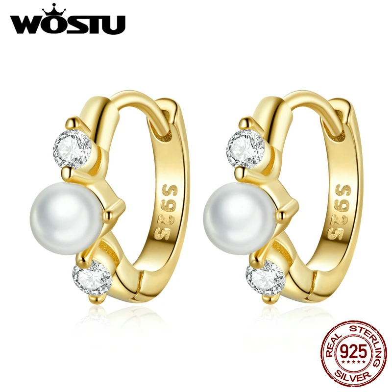

WOSTU 925 Sterling Silver Shining Shell Pearl Golden Zircon Stud Earrings For Women Wedding Fashion Anniversary Jewelry CQE1254