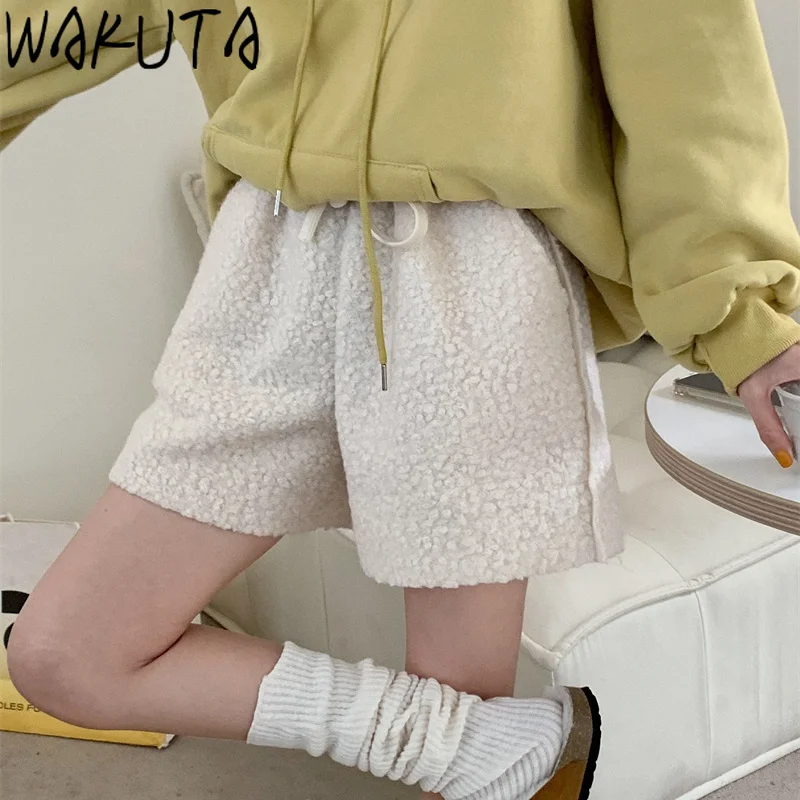 WAKUTA Women 2021 Fashion Fleece Thick Shorts Autumn Winter Korean Style New Elegant High Waist Solid Female Short Pants Mujer | Женская