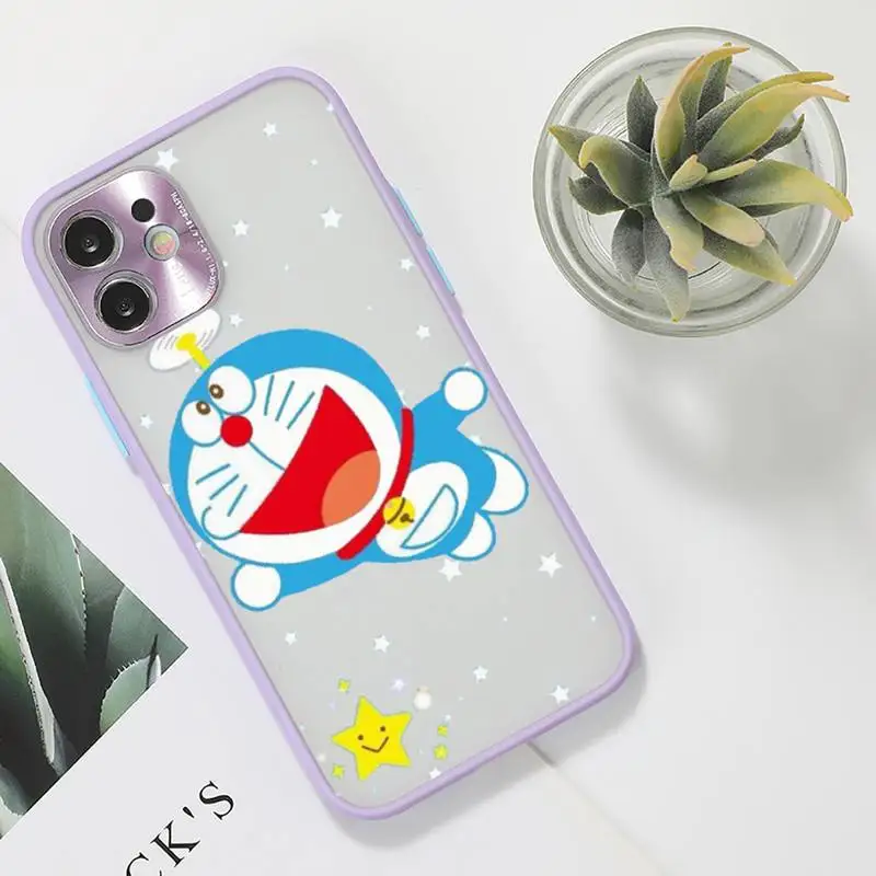 

Cute Cartoon Doraemon Robot cat Phone Case For iPhone 12 11 Mini Pro XR XS Max 7 8 Plus X Matte transparent Purple Back Cover