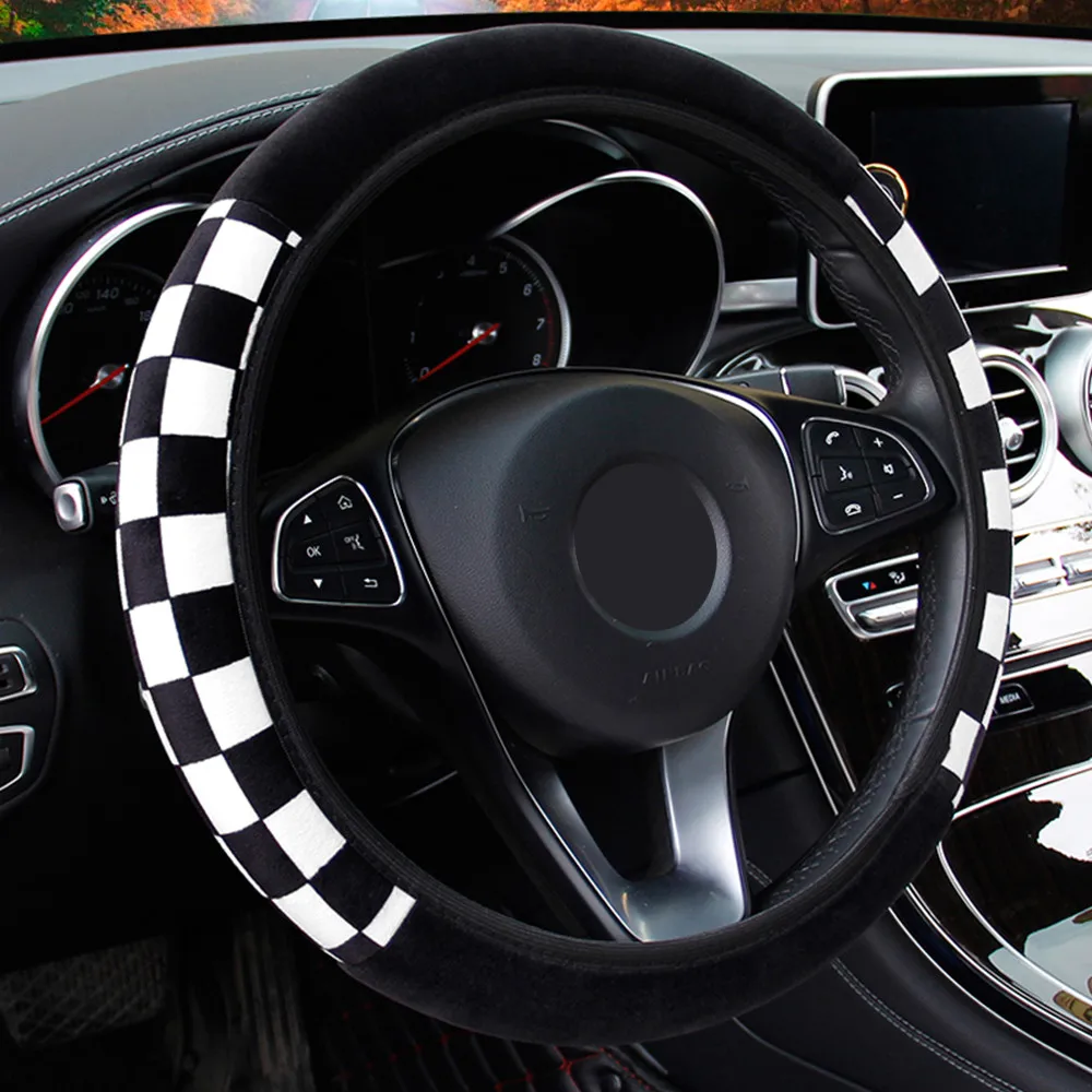 

Black and White Plaid Car Steering Wheel Cover Winter Warm Soft Plush Car Steering Wheel Cover Car Styling Interior Accessories