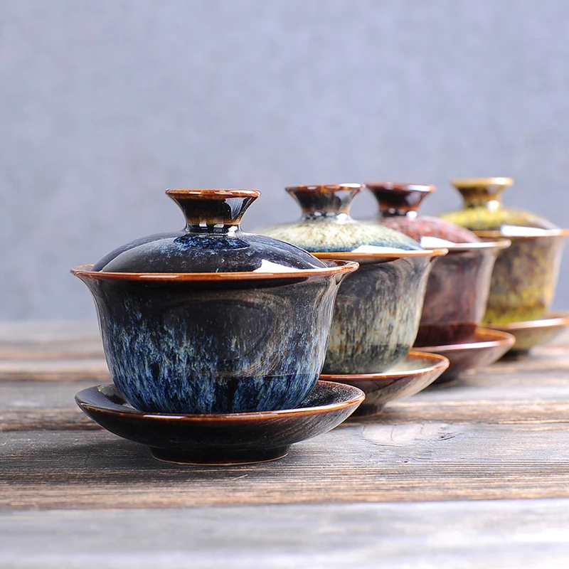 Керамическая чайная чаша Gaiwan 140 мл винтажная с блюдце и крышкой китайская посуда
