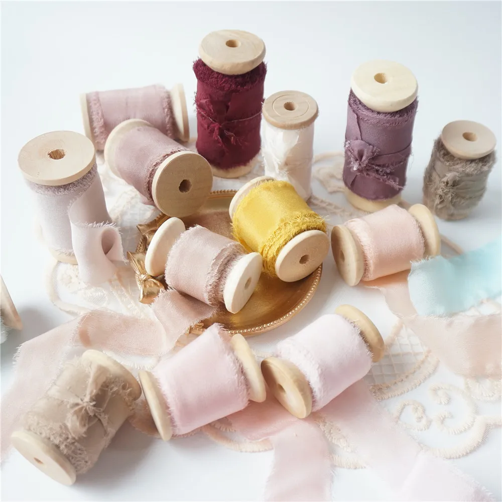 Ins style 5mts/roll(woodenspool) 100% шелковая лента с потертостями для свадебной упаковки из