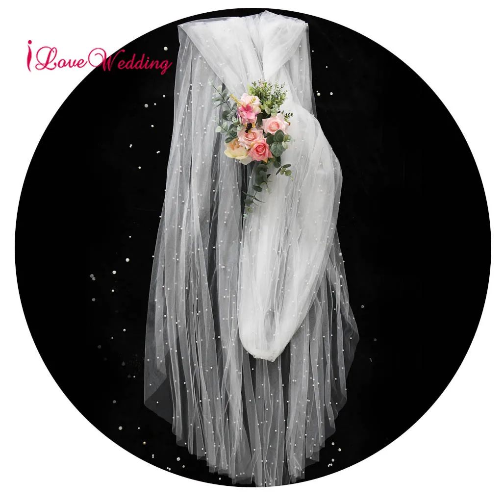 

Hot Sell Pearls Wedding Veils Two-Layer Cathedral Bridal Wedding Veils with Comb Beaded Handmade Bride Hair Accessories Headwear