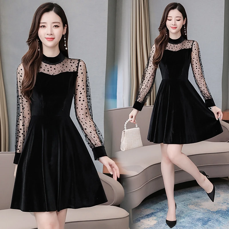 Новинка сексуальное женское черное бархатное платье в горошек Хепберн винтажное